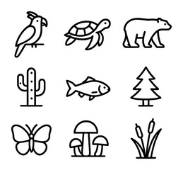 Ecosystem Biodiversity Icons. Outline icon set of ecosystem biodiversity: tropical bird, sea turtle,