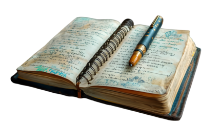 Open spiral notebook with handwritten notes and colorful drawings, pen on the side, transparent background