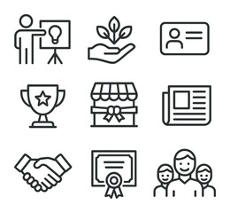 Entrepreneurial Milestones Icons. Outline icon set of entrepreneurial milestones: startup pitch,
