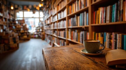 Naklejka premium Cozy Bookstore Interior Bookshelves Coffee Warm Lighting