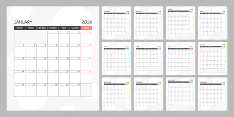 Monthly calendar rainbow square planner schedule for 2026 year. Week Starts on Monday