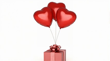 Red Heart Balloons Floating Above a Gift Box