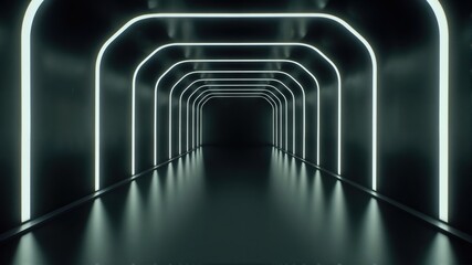 Futuristic Neon Tunnel with Glowing Lights and Reflective Floor