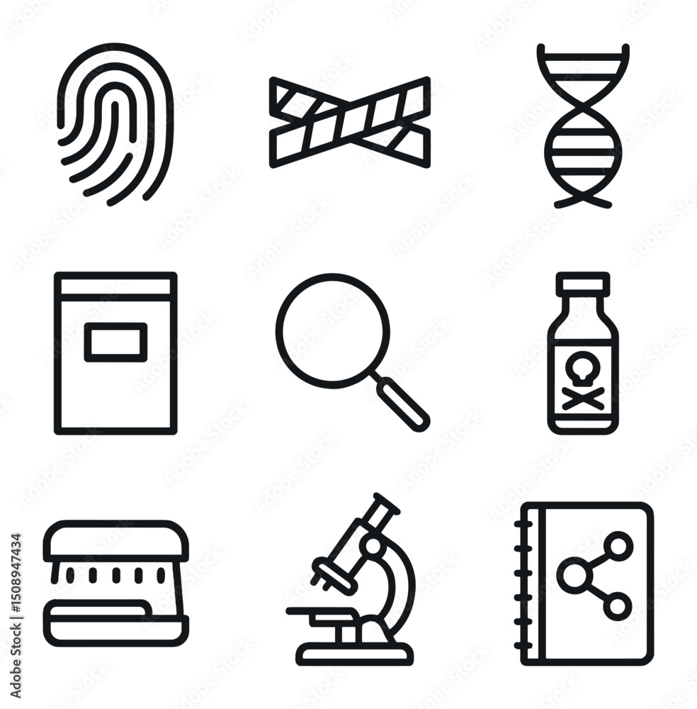Poster forensic icon set. outline icon set of forensic laboratory analysis: fingerprint icon, crime scene t