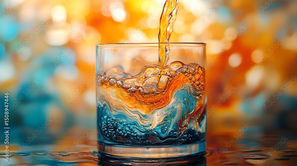 Poster golden liquid pouring into a glass creating abstract waves of orange and blue, capturing the movemen
