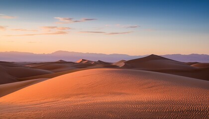 Fototapeta premium breathtaking desert landscape at sunrise showcasing soft dunes bathed in pastel hues creating a tranquil and serene atmosphere