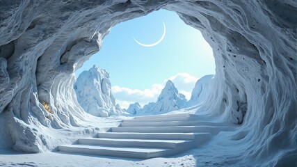 Ice Cave with Crescent Moon and Snowy Mountains