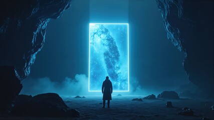 Man Standing Before Glowing Portal in Dark Cave