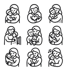 Mother-Child Icon Set. Outline icon set of mother and child hugs: mother holding child, child’s arms, heart shape, gentle smile,