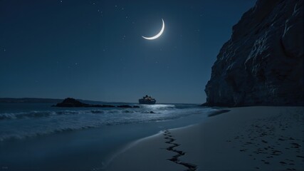 Moonlit Beach with Crescent Moon and Ship at Night