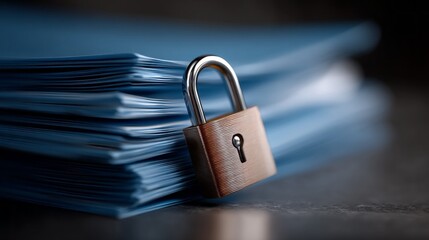 Naklejka premium A stack of blue folders is tightly secured with a brass padlock, emphasizing the importance of privacy and secure document management in an office environment