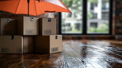 Packages protected by umbrella, indoor, rainy day, insurance concept