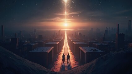 Two Figures Walking Toward a Glowing Horizon in a Futuristic Cityscape