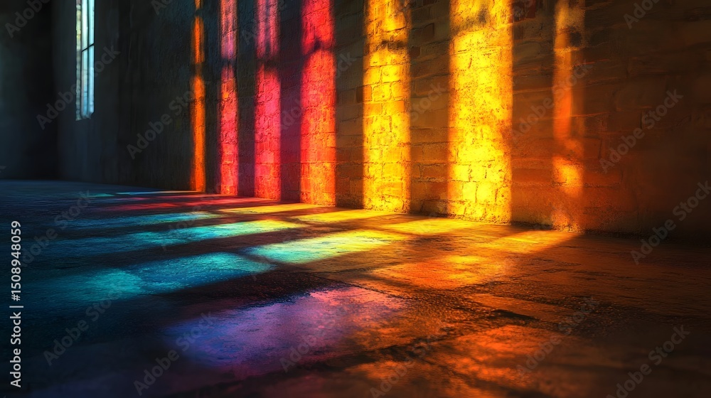 Poster abstract interior featuring colorful light patterns illuminating a textured surface, creating an art