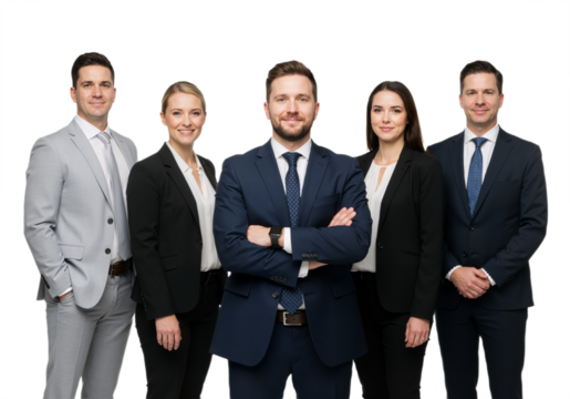 Confident Business Team of Five people Isolated on a Transparent Background, PNG format