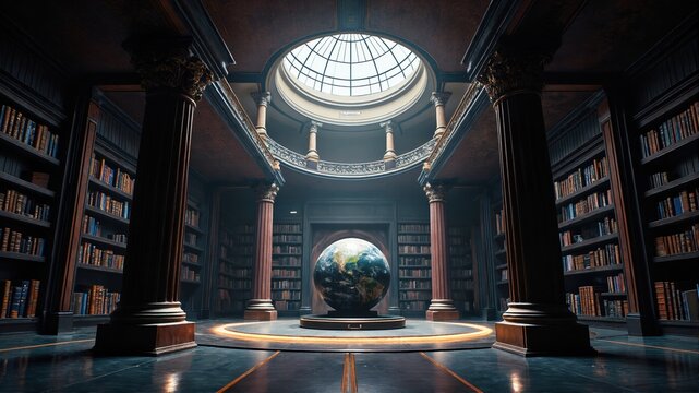 Grand Library with Earth Globe Under Dome Ceiling