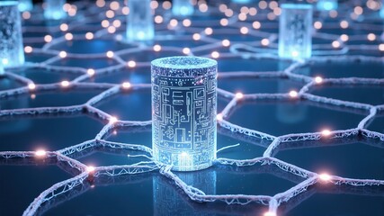 Futuristic Digital Circuit Cylinder on Network Grid