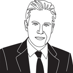 Continuous line drawing of a man in a suit and tie against a white background in black and white