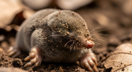 Obraz premium Tiny mole with dirt-covered snout
