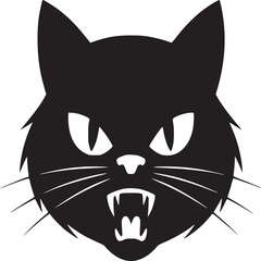 A black silhouette of a cat head with sharp teeth and whiskers on a white background vector image