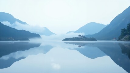 Serene Mountain Lake with Island and Reflection