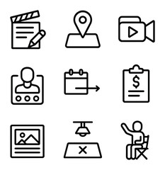 Film Pre-Production Icons. Outline icon set of pre-production and film planning: director script