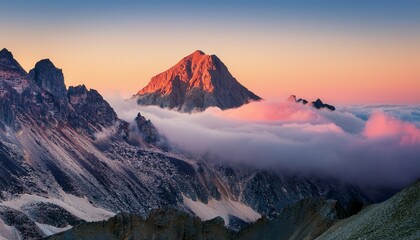 Fototapeta premium a stunning mountain peak rises majestically above soft pastel clouds capturing the serene beauty of nature at dawn