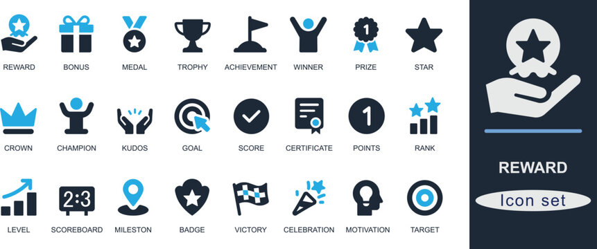 Flat solid black reward icon set featuring trophy, medal, badge, gift, achievement, prize, star, loyalty, winner, and celebration. Perfect for business and app UI design.