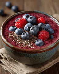 A vibrant smoothie bowl topped with fresh blueberries, raspberries, and chia seeds, served in a rustic ceramic bowl on a wooden table.