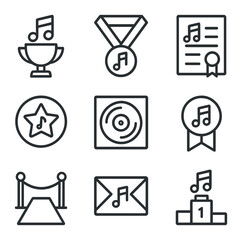 Music Awards Icons. Outline icon set of music awards: trophy, medal, certificate, star badge, golden record, music note ribbon,
