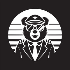 A black and white illustration of a bear wearing a pilot uniform and sunglasses in front of a sun