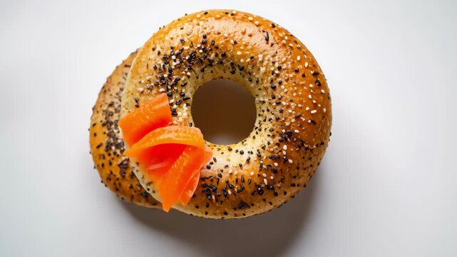 Two delicious bagels with smoked salmon and cream cheese on white background.