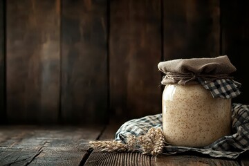 Rustic Glass Jar with Natural Fermented Dough on Wooden Table