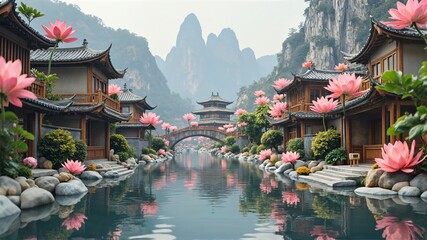 Serene Traditional Village by a Flowering River with Pagodas and Mountains