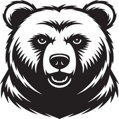 A stylized black and white illustration of a bear's head with sharp details and open mouth design