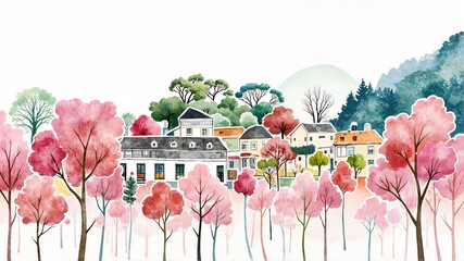 Watercolor Spring Village with Cherry Blossoms and Houses