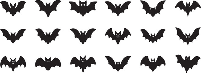 A set of bat silhouettes, showcasing various wing positions and facial expressions. The bats are evenly spaced and varied, Spooky Animal Shadows, Scary Night Creatures Art
