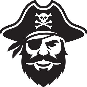 recommend clip art: A black and white graphic of a pirate with a beard wearing a hat and an eyepatch illustration