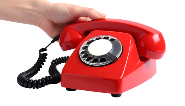 Answering an old fashioned red telephone handset.old-fashioned, red, single object, connection, customer, cut out, discussion, horizontal, no people, number, photography, service,