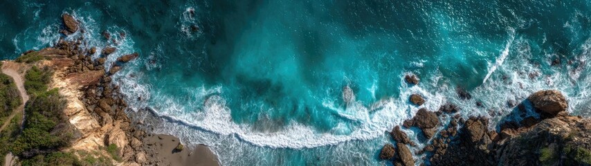 Ocean Waves Crashing on Rocky Shore Dramatic Teal Seascape