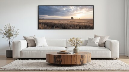 Modern Living Room with Landscape Art and Minimalist Decor