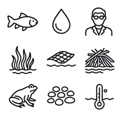 Obraz premium Freshwater Habitat Icons. Outline icon set of freshwater habitat restoration: native fish, clean