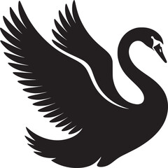 A black swan with open wings on a white background in a minimalist and stylized illustration style