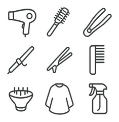 Hair Styling Icon Set. Outline icon set of styling tools: blow dryer, round brush, flat iron, curling wand, sectioning clip, comb,