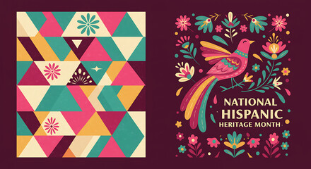 Colorful Folk Art Bird and Geometric Pattern Design for Hispanic Heritage Month Celebration