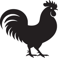 A black silhouette of a rooster standing on a white background in a simple and clean illustration
