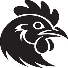 A black and white illustration of a chicken head in profile with a simple and clean design style