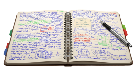 Open spiral notebook with handwritten notes and colorful drawings, pen on the side, transparent background