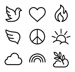 Heart and Dove Icons. Outline icon set of heart with dove and flame: dove silhouette, heart shape, flame plume, olive twig, wing