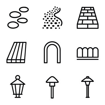 Garden Pathway Icons. Outline icon set of garden pathways: stepping stone, gravel path, brick path, wooden walkway, stepping slab,